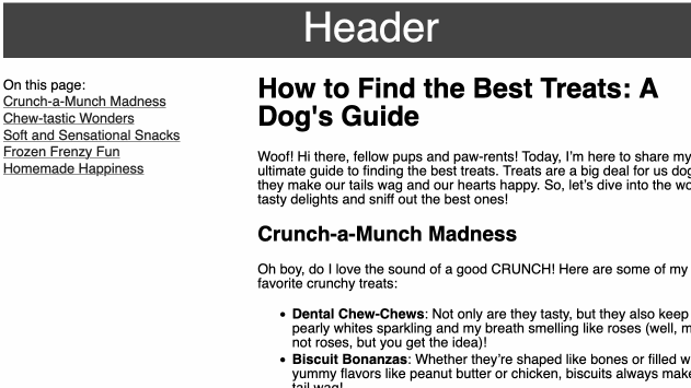 An example blog post with a static table of contents pinned to the left side. We asked Milka for help writing this demo post and she might have got a little carried away.